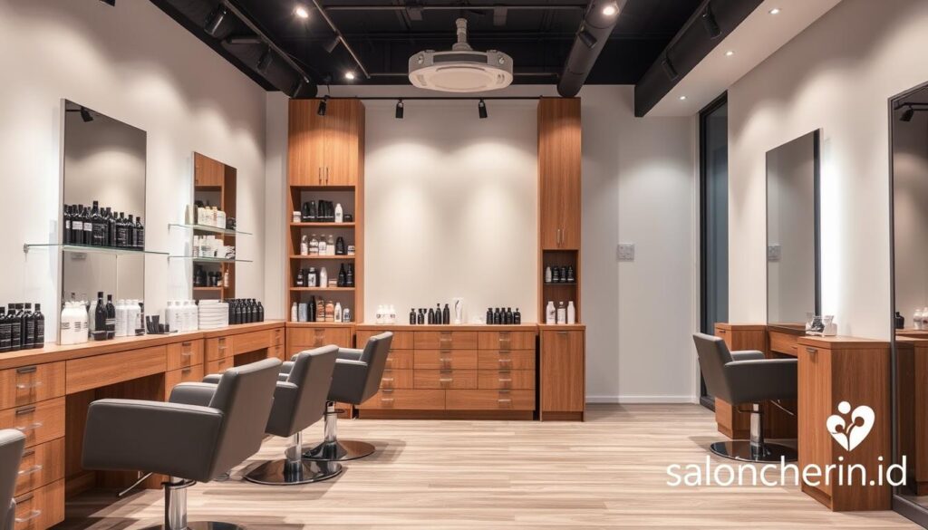 A stylish and modern salon interior, featuring a sleek, minimalist design with natural wood accents and soft lighting. The focal point is a well-appointed styling station, showcasing an array of professional haircare products from the "saloncherin.id" brand. The station is flanked by comfortable styling chairs, creating an inviting and relaxing atmosphere. In the bottom right corner, the "saloncherin.id" logo is subtly displayed, adding a touch of branding to the scene. A stylish and modern salon interior, featuring a sleek, minimalist design with natural wood accents and soft lighting. The focal point is a well-appointed styling station, showcasing an array of professional haircare products from the "saloncherin.id" brand. The station is flanked by comfortable styling chairs, creating an inviting and relaxing atmosphere. In the bottom right corner, the "saloncherin.id" logo is subtly displayed, adding a touch of branding to the scene.